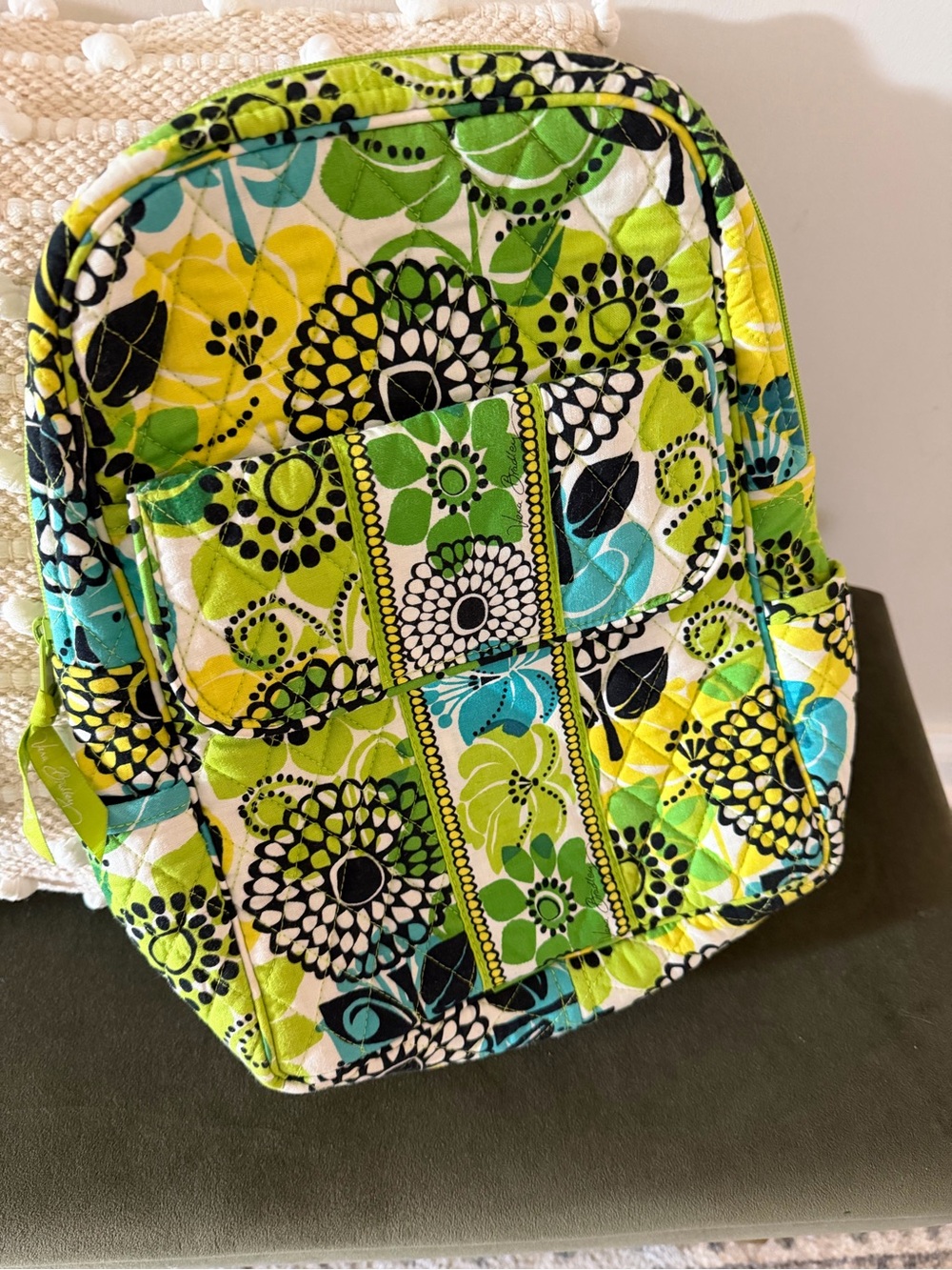 Vera Bradley Quilted Floral Backpack in Lime Green, Teal, Black, White